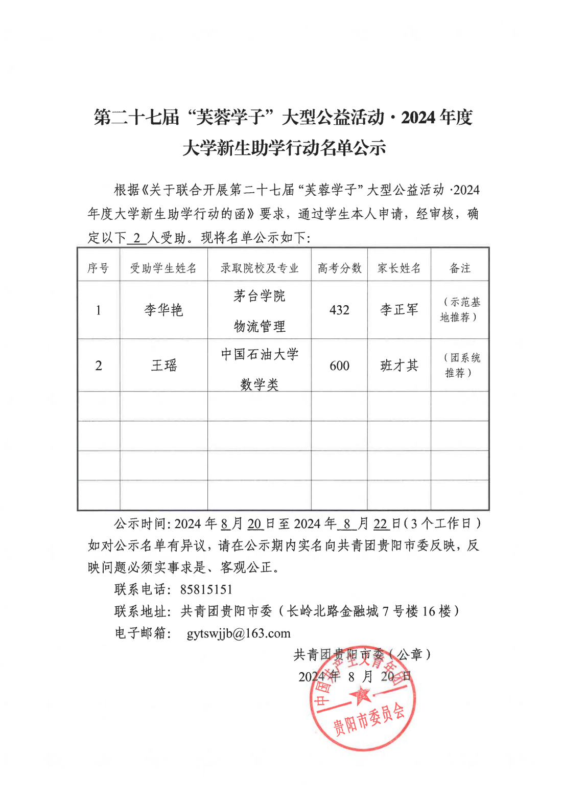 第二十七届“芙蓉学子”大型公益活动·2024 年度大学新生助学行动名单公示_00.png